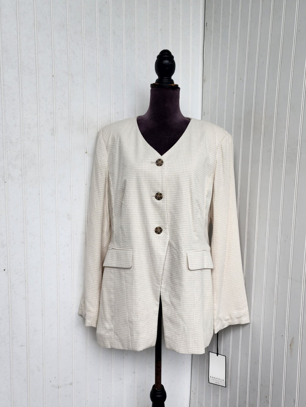 NWT Bagatelle Button Up V-neck Tan White Plaid Blazer Jacket Rayon Linen Sz XL